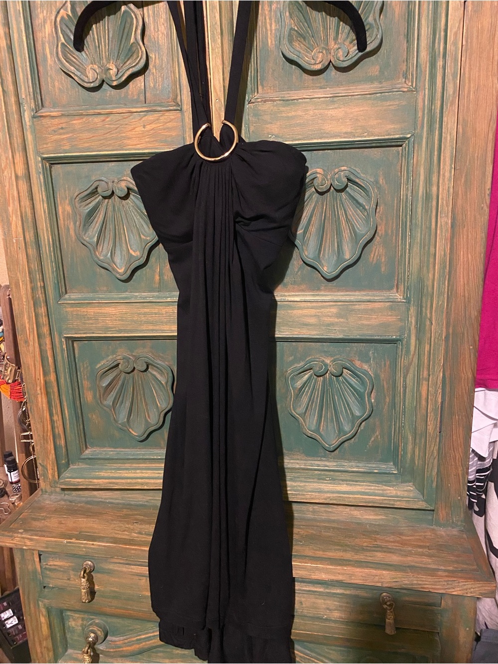 Cache Strapless Black Mini Dress with Gold Ring